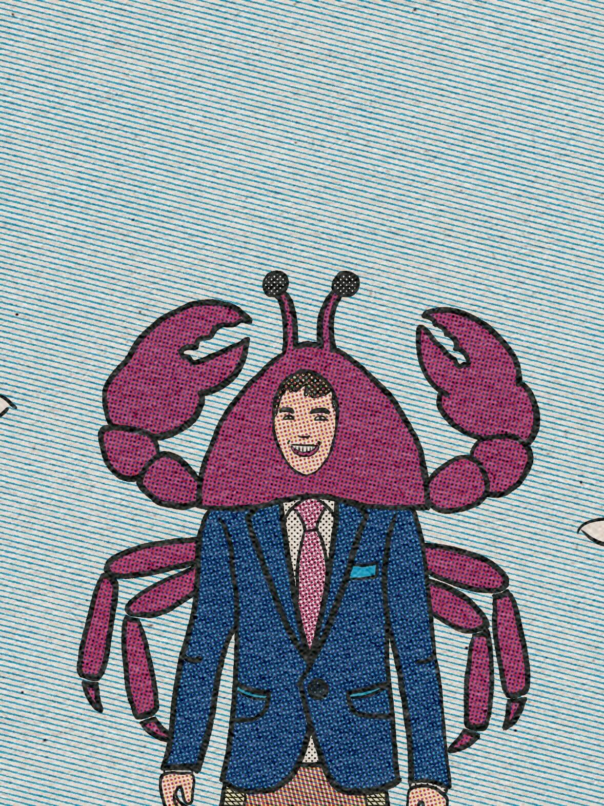 A halftone comic-style illustration showing a surreal character wearing a navy business suit with a red tie, but with a purple crab-like upper body complete with claws and antennae. The character has a smiling human face. The illustration uses a dotted halftone pattern effect against a light blue striped background. The image is overlaid with text reading 'Halftone comic creator'